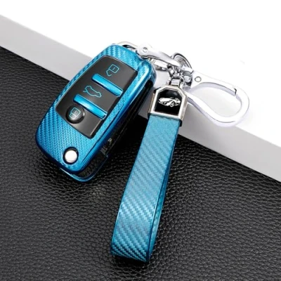 Image of RXXR Blue Car Key Case Cover Compatible with Audi A1 S1 A3 S3 RS3 A4 S4 RS4 A6 S6 RS6 Q2 Q3 Q7 TT TTS R8 Flip Shell Remote Protector 3 Button Fob Leather Keychain