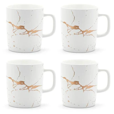 Image of Coffeezone 12 oz Matte Ceramic Marble Tea Coffee Mugs Luxury Gold Inlay (White, 4 Marble)
