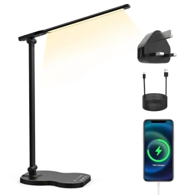 Image of LONGTOO Desk Lamp, Dimmable Eye Caring Table Lamp,Foldable Light with USB Charging Port,5 Color x5 Brightness Levels,Touch Control,Timable Lamp for Study Office Bedroom,with Power Adapter