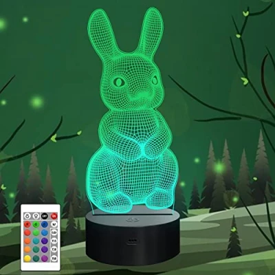 Image of CooPark Rabbit Bedside Light for Kids, Bugs Bunny 3D Hologram Illusion Night Lamp LED Remote Control 16 Color Changing, Best Christmas Easter Birthday Gift Child Baby Girl