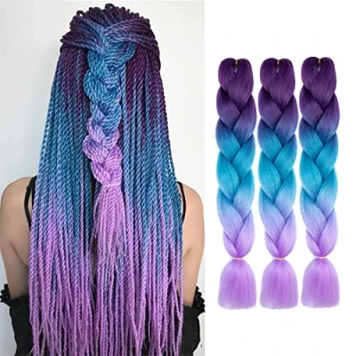 Image of WoWCFyyds Braiding Hair Kanekalon 3 Packs Ombre Jumbo 24 inch Professional Extension For Women Crochet Twist Braids Synthetic Hair（Purple Lake Blue Light Purple ）