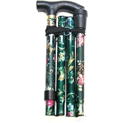 Image of KAV Walking Stick, Easy Adjustable Height Folding Extendable Cane, Lightweight Flexible and Durable Aid Mobility Collapsible Stick (Green Flower)