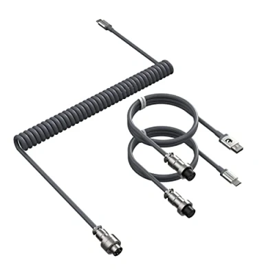 Image of ATTACK SHARK Custom C04 2 in 1 Coiled USB C Cable,USB A to Type C/Type with 5 Pin Detachable Metal Aviation Plug,Double Sleeve Spiral Extendable TPU Cable for PC/Keyboard/Mouse/Phone Grey