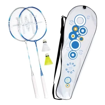 Image of Sure Shot Athens 2 Player Badminton Racket Set with x Full Size Adult Rackets and Shuttles Carry Bag, Blue/Silver/White, 26.35 Inch