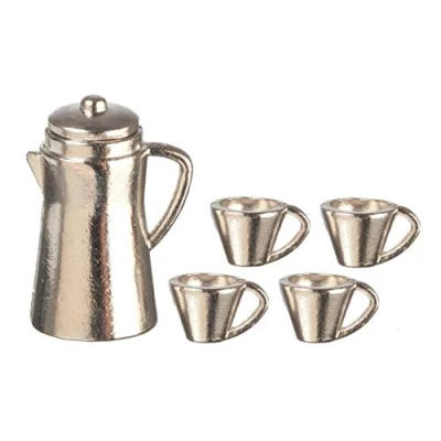 Image of Melody Jane Dolls House Chrome Coffee Pot &amp; Mugs Miniature Kitchen Accessory