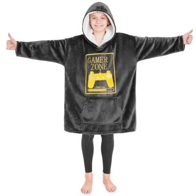 Image of CityComfort Fleece Hoodie Blanket for Kids and Teenagers Football One Size Oversized with Sherpa Lined Hood Gaming Gifts (Charcoal Gaming)