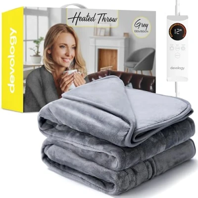 Image of Devology Heated Throw Electric Blanket Digital Controller Timer up to 12 hours, 6 Heat Settings, Auto Shutoff Machine Washable Single 130x160cm Grey