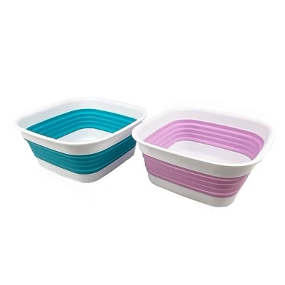 Image of SAMMART 8L Collapsible Tub Foldable Dish Portable Washing Basin Space Saving Plastic Washtub (Ceramic Blue/Pale Purple(Set of 2))