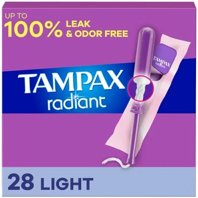 Image of Tampax Radiant Tampons Light Absorbency with BPA Free Plastic Applicator and LeakGuard Braid, Unscented, 28 Count