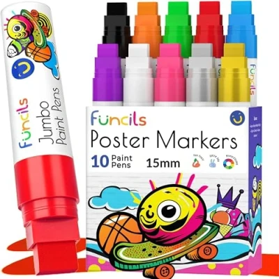 Image of Funcils 10 Jumbo Acrylic Paint Markers 15mm Pens for Canvas, Rock Painting, Wood, Plastic, Glass Thick Permanent Signs, Wall Murals, Calligraphy, Art