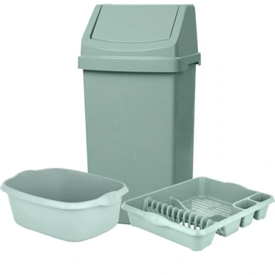 Image of KetoPlastics Sage Green 3 Piece Kitchen Set 50L Bin 14L Rectangular Washing Up Bowl and Large Dish Drainer For Home Made in UK