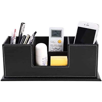 Image of Desk Organiser Faux Leather Double Pen Pencil Pot Holder Multifunctional Desktop Stationery Storage Box Collection Tidy Organizer Makeup Brush Remote Control for Office School Home