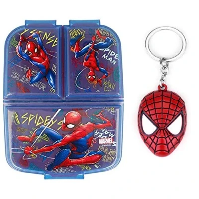 Image of OM SUPPLIES Spiderman Reusable Sandwich Lunch Box 3 Multi Compartment Kids Children School Includes Keychain (Spiderman 1)