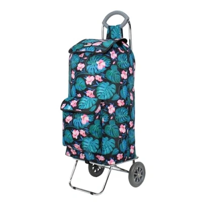 Image of Rocklands London® 60 Litre Folding Shopping Trolley Chrome Steel Frame Wheeled Cart Grocery Bag (Green Floral)