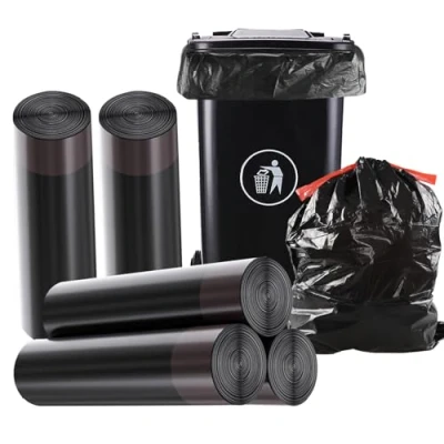 Image of Black Heavy Duty Bin Bags, Drawstring Liners Fit 30L Trash Bin, Strong &amp; Secure Refuse Sack, 50 Unscented Garbage Anti Drip Rubbish Bags for Office, Household, Kitchen, Garden, 60x70cm
