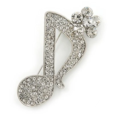 Image of Avalaya Silver Tone Clear Crystal Musical Note Brooch 40mm L