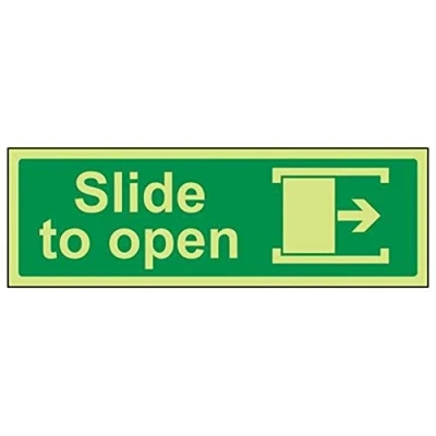 Image of V Safety Glow In The Dark Slide To Open (Right) Door Sign 300mm x 100mm Self Adhesive Vinyl