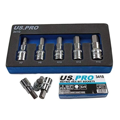 Image of 5 Piece 1/2 Dr Hex Allan bit sockets Metric 7 8 10 12 14mm 60mm Length Foam Tray