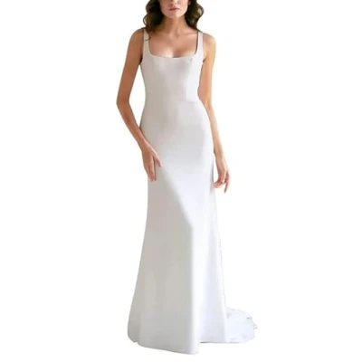 Image of RONGLONG Simple Wedding Dresses Satin Mermaid Sleeveless Dress Civil Office Dresses, White, 50