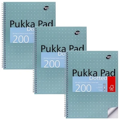 Image of Pukka Pad, A4 Dotted Metallic Jotta Book for Graphing, Art, Bullet Journaling 3 Pack 29.7 x 23cm Wirebound Notebook with 80GSM Paper, 4 Hole Margins and Perforation 200 Pages, Grey