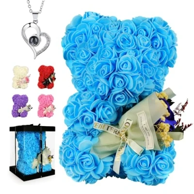 Image of POHOMEGK Christmas Women Gifts Rose Bear Flower Teddy Birthday For Her,Flower Romantic Girlfriend,Wife On Valentine&#039;s Day/Birthday/Anniversary/Christmas (Blue)