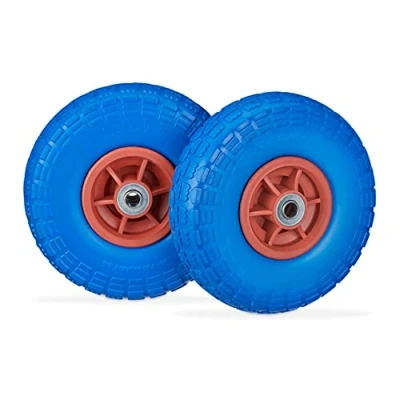 Image of Relaxdays Set of 4 Wheelbarrow Tyres, Puncture Proof Solid Rubber, 4.1/3.5 4&quot;, 16 mm Axle, Spare Wheel, Blue/Red
