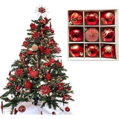 Image of UKDD® Set of 9 Premium Baubles Luxury Christmas Tree Bauble Decorations Matte, Glitter, shiny (Red)