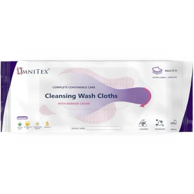 Image of 26x Omnitex Incontinence Cleansing Wash Cloths With Barrier Cream Microwaveable Rinse Free All in One Continence Care Wipes Cleans Nourish Protect Aloe Vera, Vitamins 1x 26pk