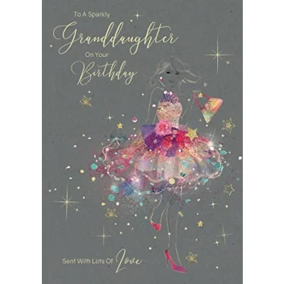 Image of Cherry Orchard Granddaugther Birthday Card To A Very Special Granddaughter On Your Artistic Lady In Gorgeous Pink Floral Dress Flitter &amp; Gold Foil Finish For Her