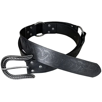 Image of HiiFeuer Nordic Embossed Buckle Belt, Retro Medieval Faux Letaher Knight LARP Cosplay Halloween（Black A）