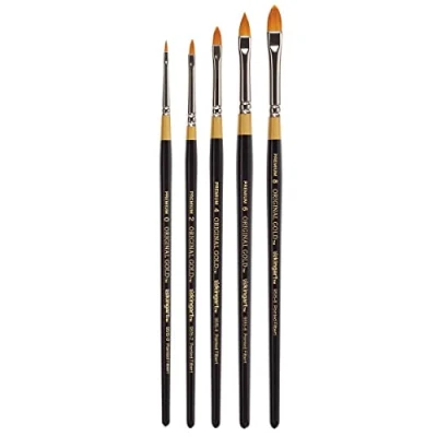 Image of KINGART B 094 Premium 5 pc. Original Gold 9515 Series Pointed Filbert Brush Set, Synthetic Golden Taklon for Acrylic, Oil, Watercolor Paint, Short Handle, Brushes Sizes: 0, 2, 4, 6, 8