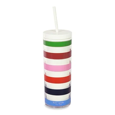 Image of kate spade new york Acrylic Tumbler with Lid and Straw, 24 oz Tumbler, Slim Double Wall Adventure Stripe