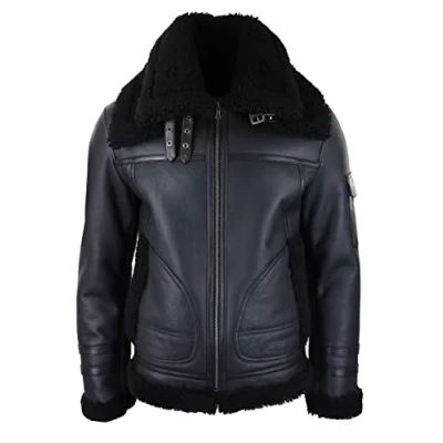 Image of TruClothing Mens Shearling Sheepskin Coat Zipped Flying Jacket Black Winter Warm Fur M