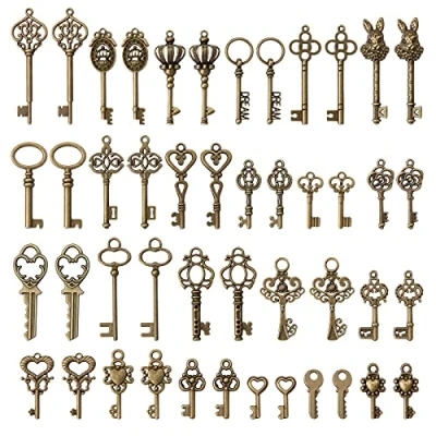 Image of 46 Pcs Antique Bronze Vintage Key Charms, rustic Pendant Set for DIY handmade, gift, Wedding, Party, Favor, Birthday, 23 style, from 3cm 7cm long