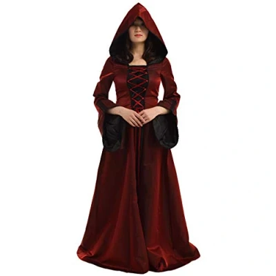 Image of BLESSUME Medieval Women Party Gown Flare Sleeve Cosplay Fancy Dress Hooded Long Dress, S, Burgundy