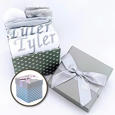 Image of Personalised Baby Gifts Hamper, New Gifts, Newborn Gift Set, Boy Born Essentials Small Grey Box
