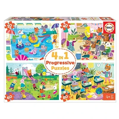 Image of Educa 4 in 1 A Day at School. Children&#039;s Progressive Puzzles. 20, 40, 60 and 80 Pieces. +4 Years. Ref. 18904, Multicoloured