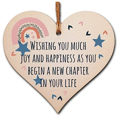 Image of The Plum Penguin Handmade Wooden Hanging Heart Plaque Gift Joy and Happiness New Chapter Leaving Retirement Present Colleague Friend Card Alternative