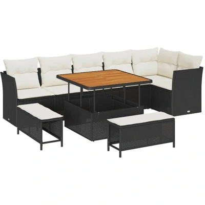 Image of vidaXL 9 Piece Garden Sofa Set with Cushions Black Poly Rattan Acacia