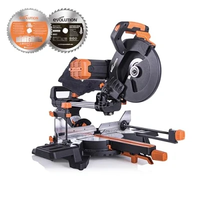 Image of Evolution Power Tools R255SMS DB+ Double Bevel Sliding Mitre Saw, Multi Material Cuts Metal, Wood, Plastic &amp; More with Plus Pack includes Clamps, Dust Bag Blades, 255mm (230V)