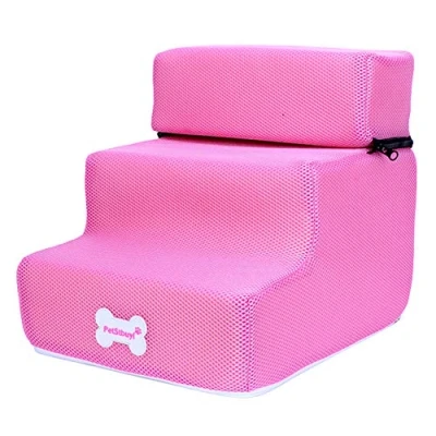 Image of HshDUti Dog Stairs 3 Steps Pet Ladder for Dogs and Cats Non slip Ramp Sofa Bed with Zippered Removeable Cover, Toys Pink