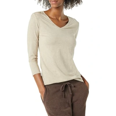Image of Amazon Essentials Women&#039;s Classic Fit 3/4 Sleeve V Neck T Shirt (Available in Plus Size), Tan Heather, L