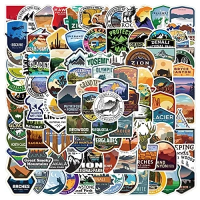Image of National Park Stickers 100 pcs Vinyl Adventure Nature Outdoor Travel Wilderness Hiking Camping for Laptop Water Bottle Hydro flask Luggage Scrapbook Car Bike Skateboard Suitcase