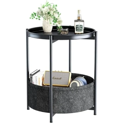 Image of Huhote Side Table, Round End Table with Fabric Basket, Small Bedside Nightstand Sofa for Living Room, Bedroom, Bathroom, Balcony, Modern Style (Black)