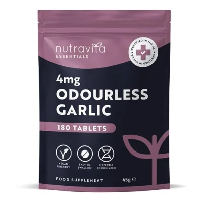 Image of Odourless Garlic Tablets High Strength Supplement 180 Vegan (Alternative to Capsules) 6 Month Supply Easy Swallow Letterbox Friendly Made in The UK by Nutravita