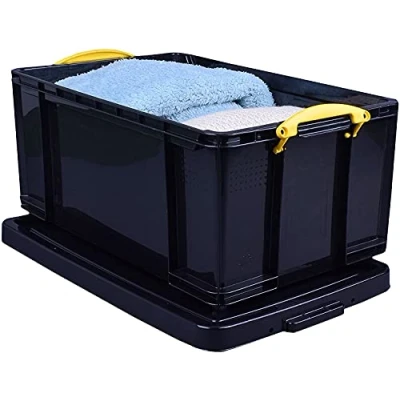 Image of Really Useful Plastic Storage Box 64 Litre Solid Black with Yellow Handles