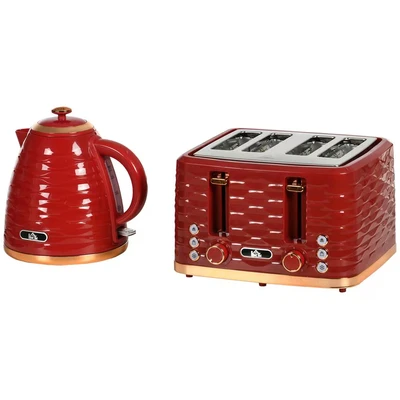 Image of HOMCOM Kettle and Toaster Sets, 3000W 1.7L Rapid Boil &amp; 4 Slice with 7 Browning Controls, Defrost, Reheat Crumb Tray, Otter Thermostat, Red