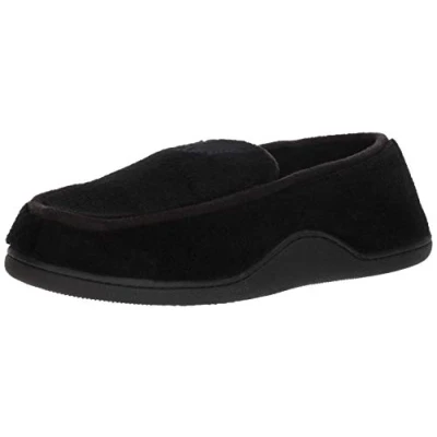 Image of Isotoner Men&#039;s Terry Moccasin Slipper with Memory Foam for Indoor/Outdoor Comfort black Size: Medium