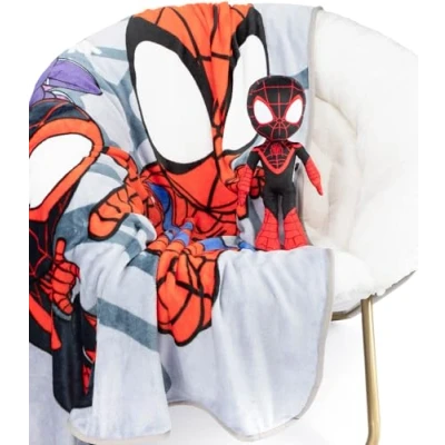 Image of Jay Franco Marvel Spidey &amp; His Amazing Friends Miles Morales Plush Mini Pillow Buddy 130 x 150cm Fluffy Throw Blanket Set Kids Super Soft 2 Piece Cuddle