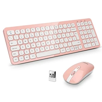 Image of LeadsaiL Wireless Keyboard and Mouse Set, USB Compact Computer Keyboards Combo, QWERTY UK Layout for HP/Lenovo Laptop Mac Pink